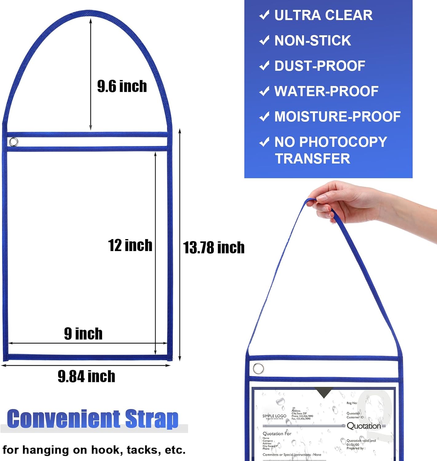 Epakh 30 Pack Office Products Shop Ticket Holders with Hanging Strap 9 x 12 Inches, Dry Erase Pockets, Job Ticket Holders, Both Sides Clear, Welcome to Work Order(Blue)