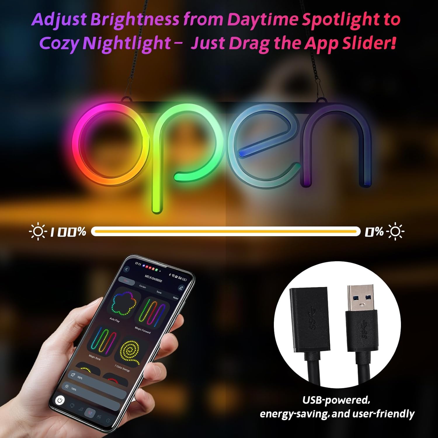 OPEN Neon Sign with APP Control 16X6 inch Bluetooth Smart LED Business Sign, Open Sign Led USB Powered Adjustable Brightness & Color