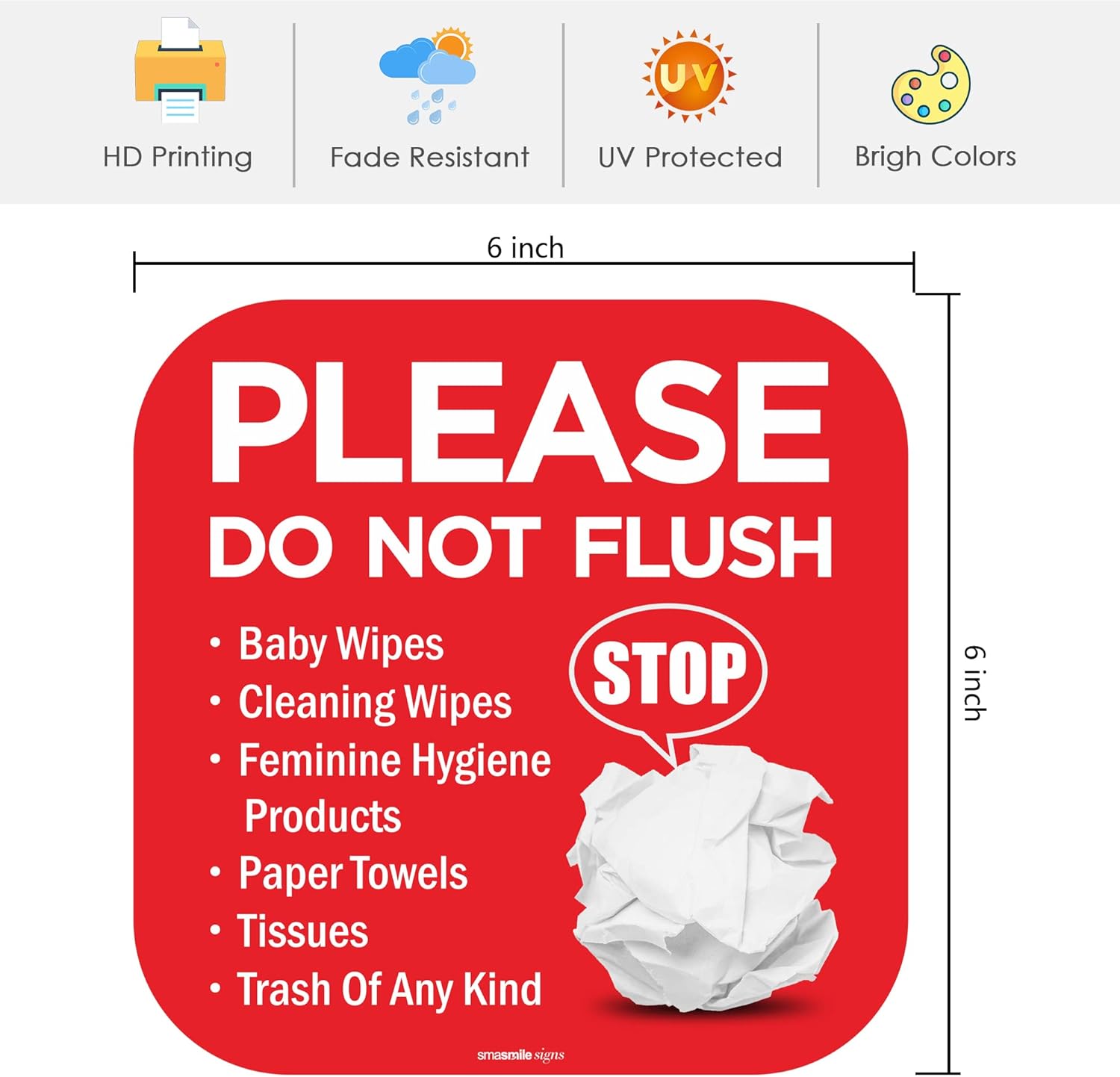Please Do Not Flush Sign 5 Pack 6"x 6" Please Do Not Flush Anything Except Toilet Paper Sign Self Adhesive Decal
