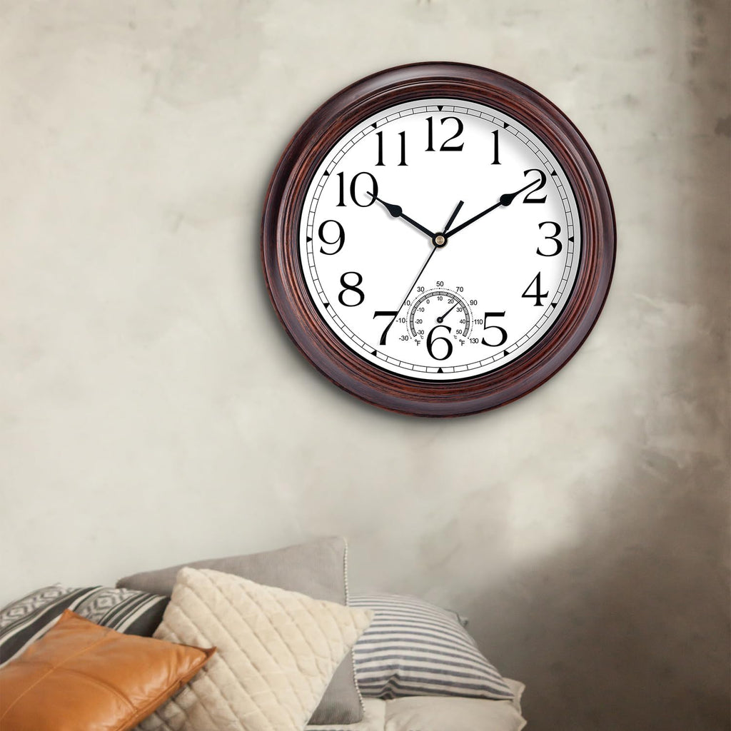 8.5 Inch Outdoor Wall Clock with Thermometers, Vintage Silent Wall Clocks Battery Operated, Retro Non-Ticking Clock Decorative for Living Room, Patio, Kitchen, Office, Bathroom, Bedroom(Bronze)