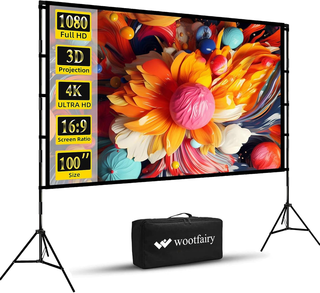 Projector Screen with Stand, Wootfairy 100 inch Foldable and Portable Projection Screen 16:9 4K HD Rear Front Wrinkle-Free Movie Screen with Carry Bag for Indoor Outdoor Home Theater Backyard Cinema