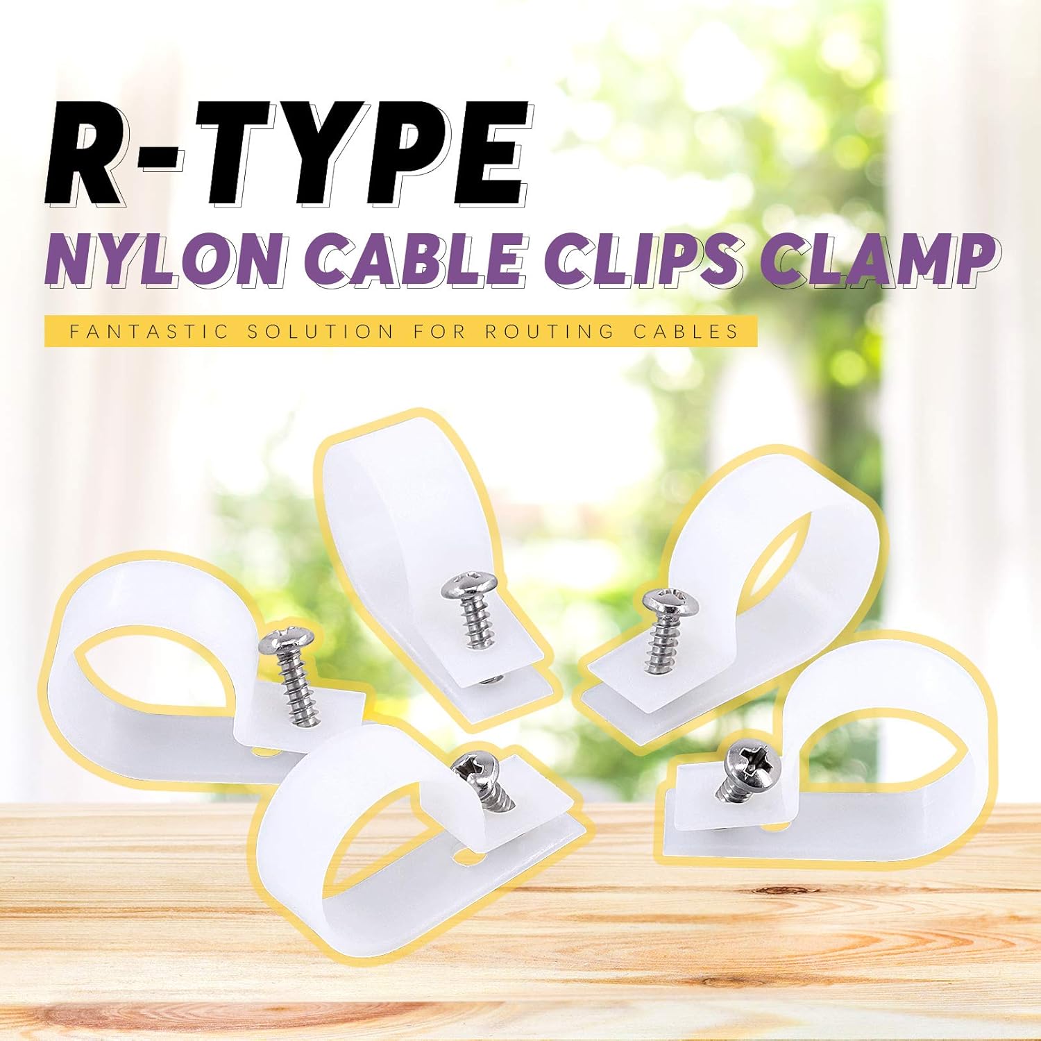 Swpeet 60 Pack White 1 Inch Nylon Plastic R-Type Cable Clips Clamp Kit, Nylon Screw Mounting Cord Fastener Clips with 60 Pack Screws for Wire Management