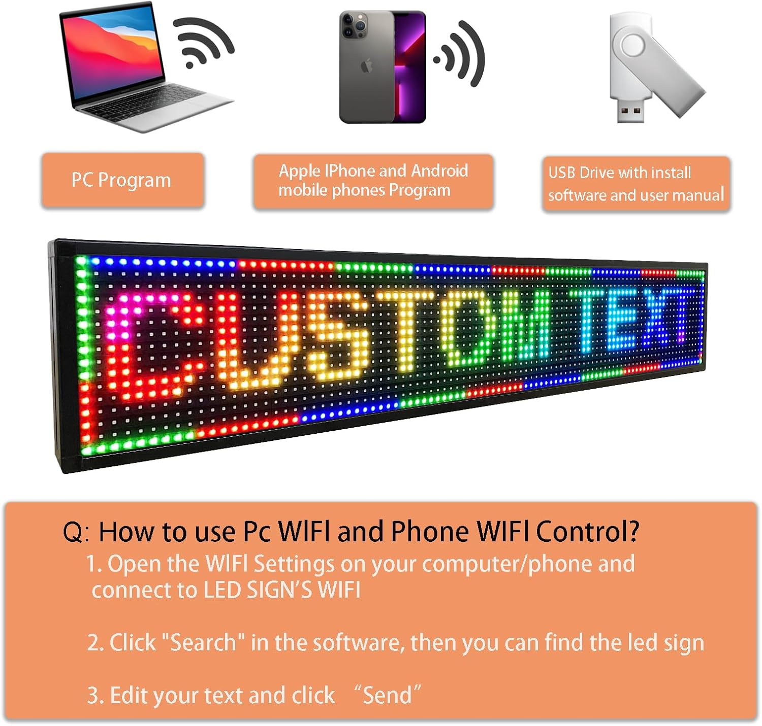 P6 Outdoor Full Color 40 x 18 Inches Led Sign WiFi Programmable with High Resolution Scrolling Texts, Colorful Images and Videos - USB Connection Available