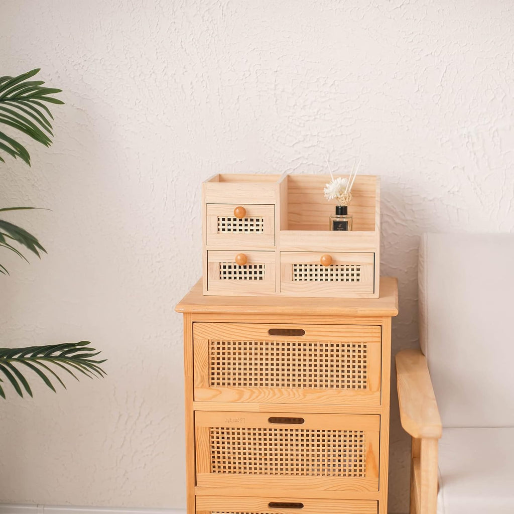 GYASVWU Bamboo Desk Organizer-No Assembly Required,Mini Bamboo Desk Drawer Organizer,Tabletop Storage Box for Office/kitchen counter/Bedroom, No Assembly Required (3 Drawer with Shelf)