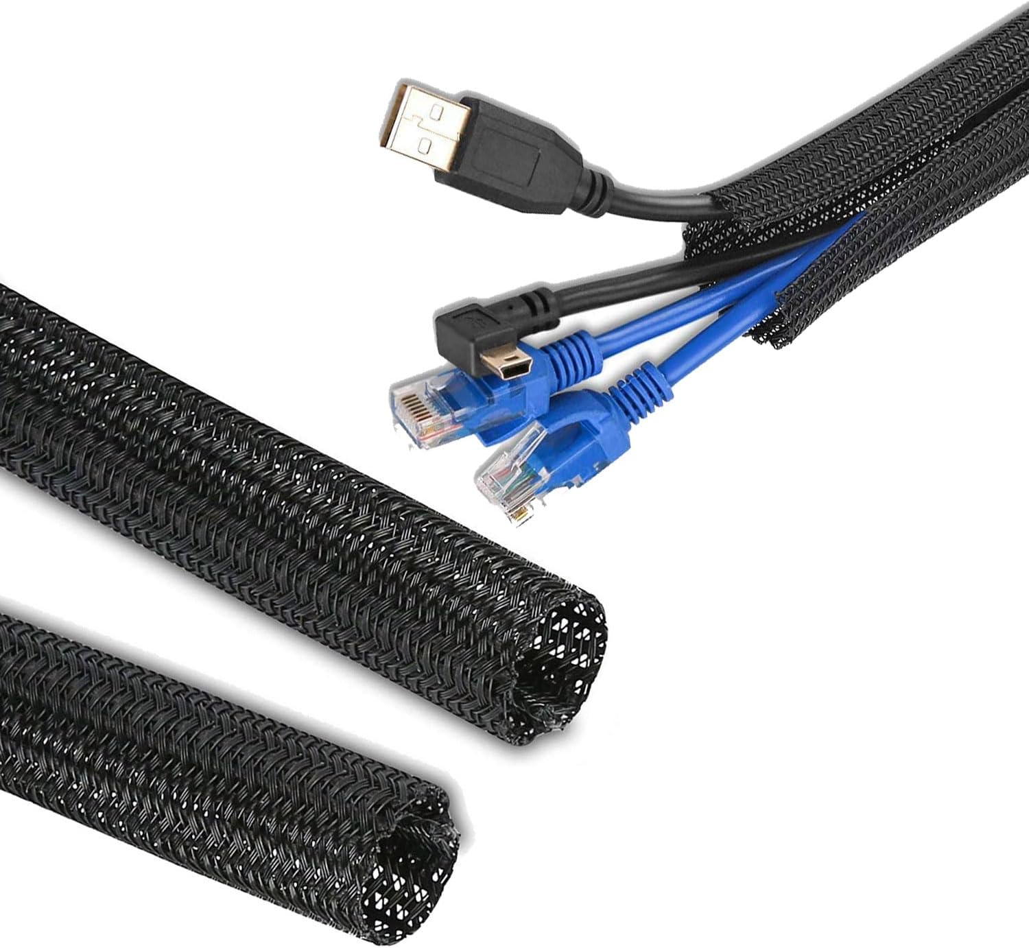 3/4" 25ft Expandable Braided Cable Sleeve Split Wire Loom Tubing – Pet-Proof Cord Protector for USB, Power Cords, Audio/Video Cables – Durable Wire Management Sleeving Black