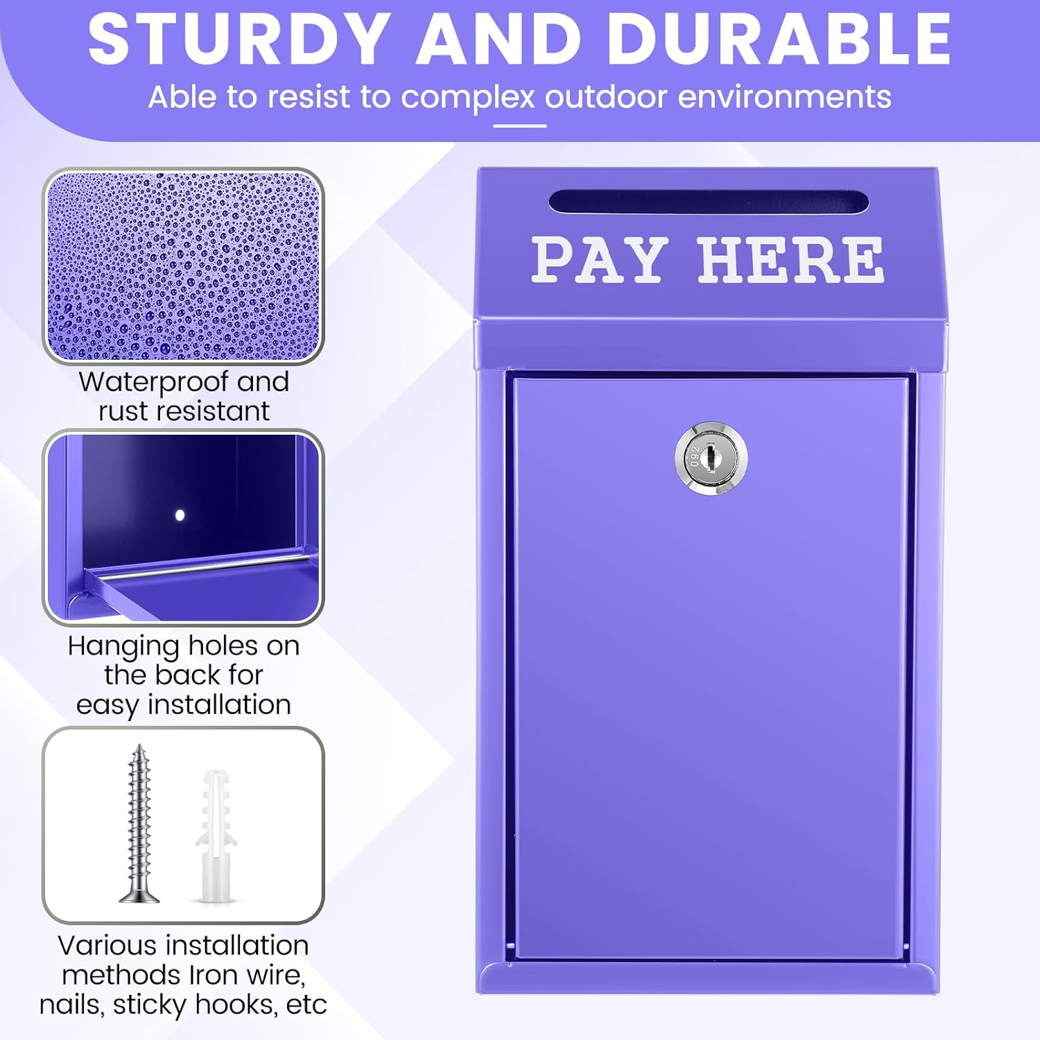 Safe Cash Box Money Collection Metal Donation Box with Lock Wall Mount Pre Drilled Mailbox Delivery Ballot for Home Office Outdoor Self Serve Stand (Purple,10.2 x 5.7 x 2.8 Inch)