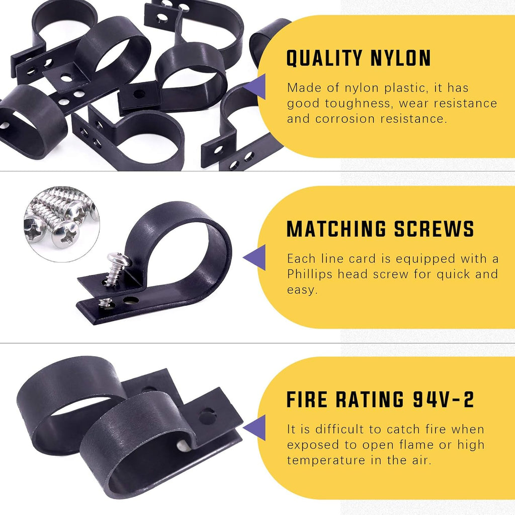 Swpeet 60 Pack Black 1 Inch Nylon Plastic R-Type Cable Clips Clamp Kit, Nylon Screw Mounting Cord Fastener Clips with 60 Pack Screws for Wire Management