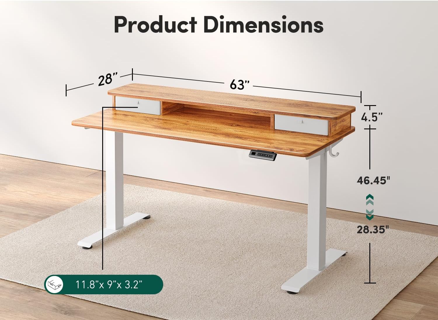 FEZIBO 63 x 28 Inch Deeper Height Adjustable Electric Standing Desk with Double Drawers, Sit Stand Up, Home Office Computer Desk with 4 Height-Adjustable Feets & 2 Hooks, White Frame/Light Rustic Top