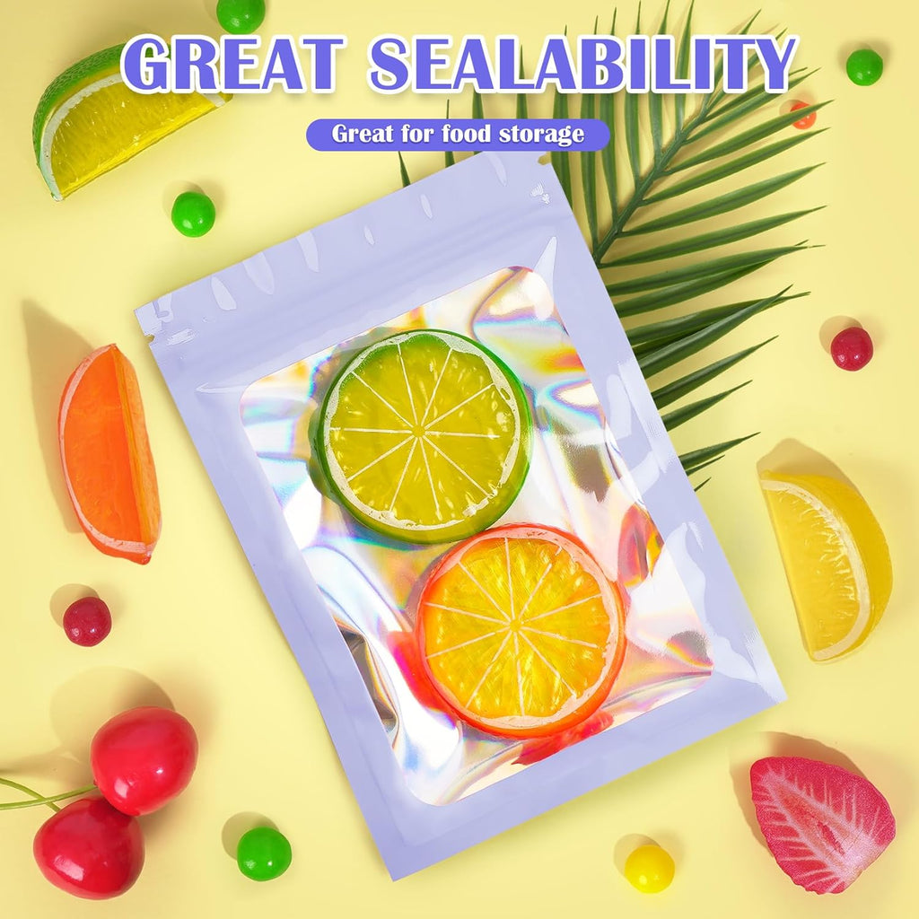 100 Pcs Mylar Bags, Smell Proof Bags Foil Pouch, Holographic Resealable Bags for Small Business, Candy Sample Jewelry Bag Sealable Packaging for Party Favor Food Storage (2.8x3.9in-Purple)