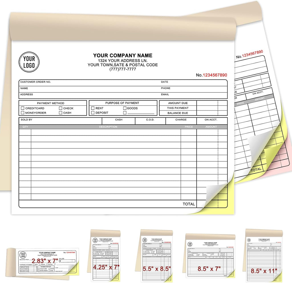 Custom Invoices Receipt Book for Small Business Personalized 2-Part Duplicate Carbonless Logo Receipt Books Sales Payment Forms with Company Name Address Phone Number 100 Sets 8.5" x 7"