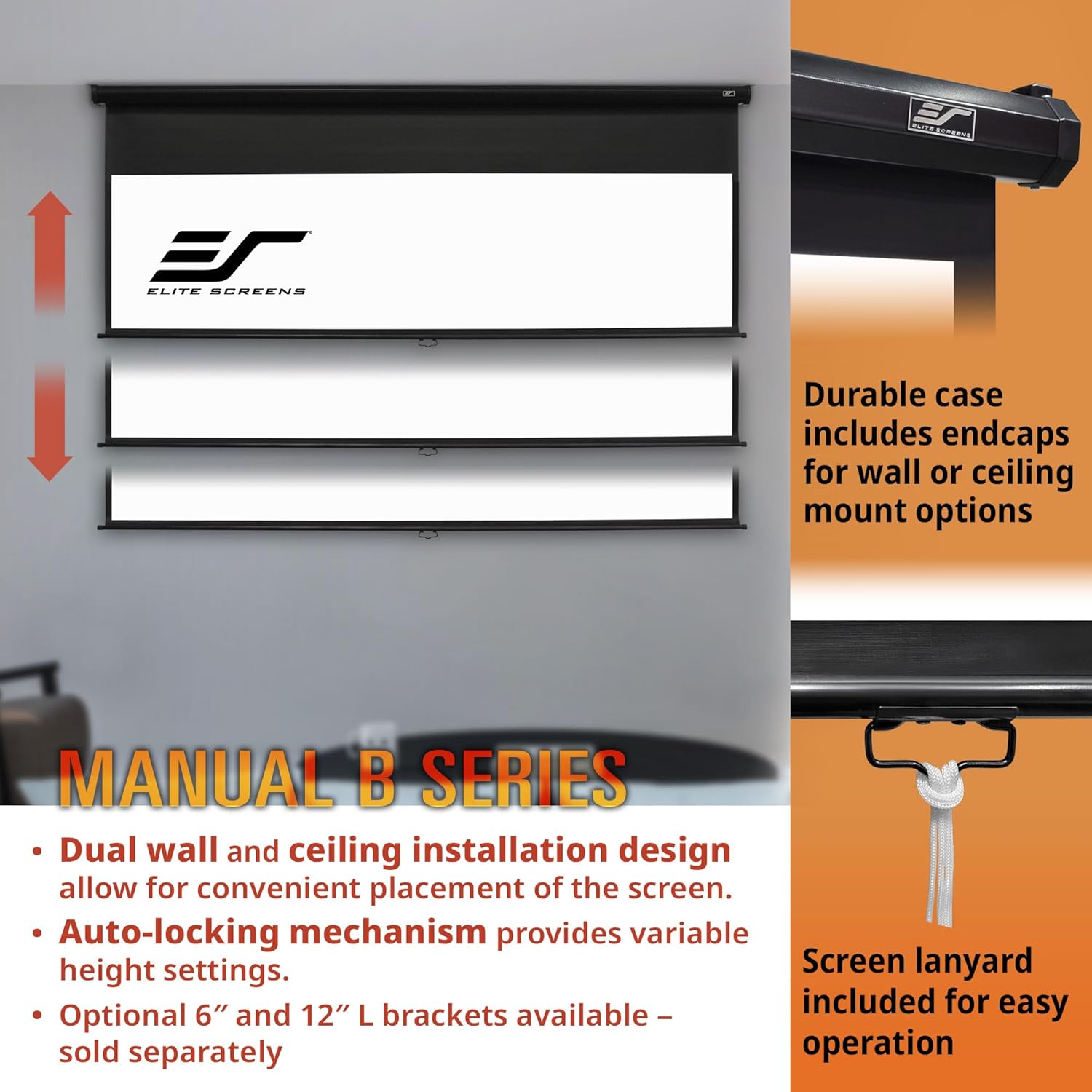 Elite Screens Manual B 125-INCH Manual Pull Down Projector Screen 1:1 Diag 4K 8K 3D HD Home Movie Theater Slow Retract Mechanism, M125S