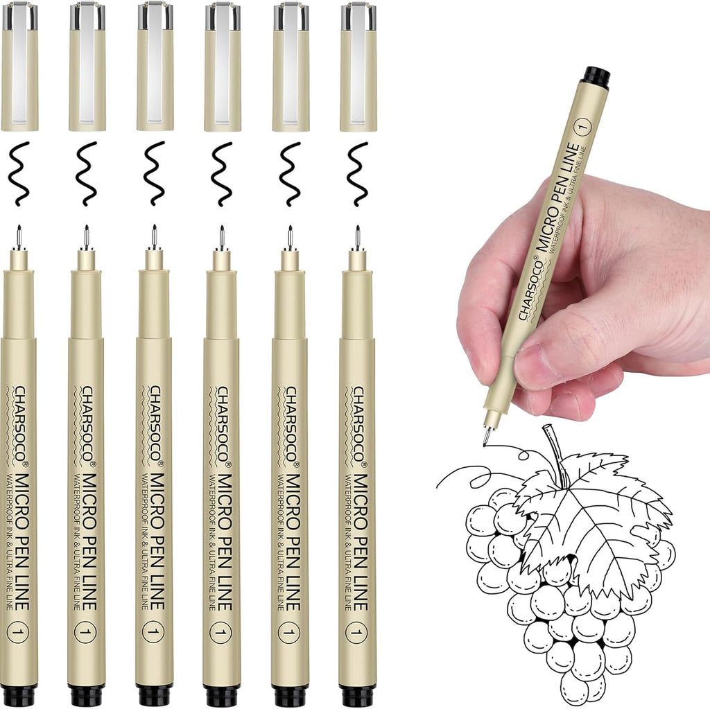 1 Micro Pen, 6 Pack Black Fine Point Pen with Waterproof Archival Ink, 1mm Fineliner Ink Pens for Artist Illustration, Sketching, Anime, Manga, Technical Drawing and Scrapbooking