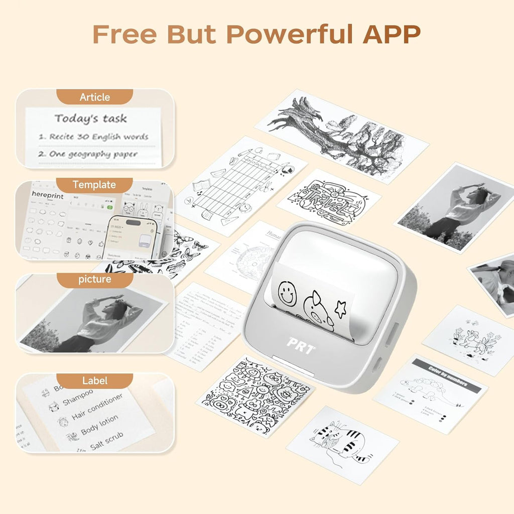 PRT Sticker Printer - S1 Mini Portable Thermal Printer, Bluetooth Sticker Maker Machine with 1 Roll Paper, Pocket Label Maker for Study Notes, Pictures, DIY, Label, Free App with Multiple Templates
