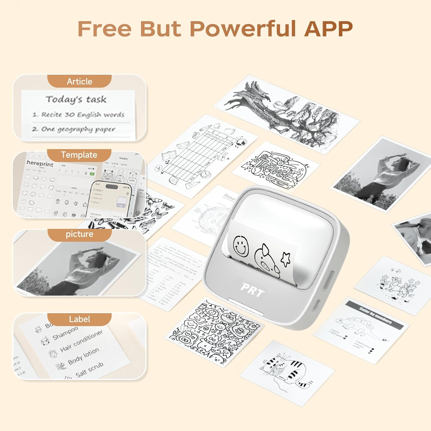 PRT Sticker Printer - S1 Mini Portable Thermal Printer, Bluetooth Sticker Maker Machine with 1 Roll Paper, Pocket Label Maker for Study Notes, Pictures, DIY, Label, Free App with Multiple Templates