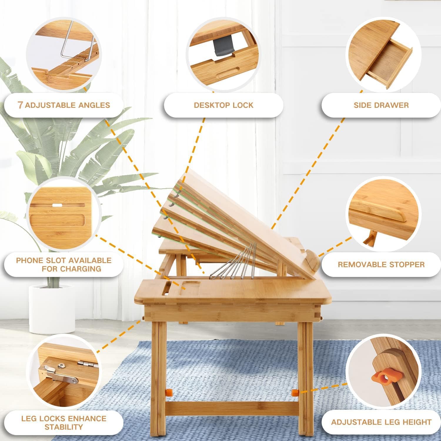 Laptop Desk Nnewvante Bamboo Laptop Table Adjustable Lap Tray Bed Serving Tray Breakfast Table Foldable Coffee Tea Table 7 Tilting Top Angles 4 Latches Large Size 27.95" x 13.8"