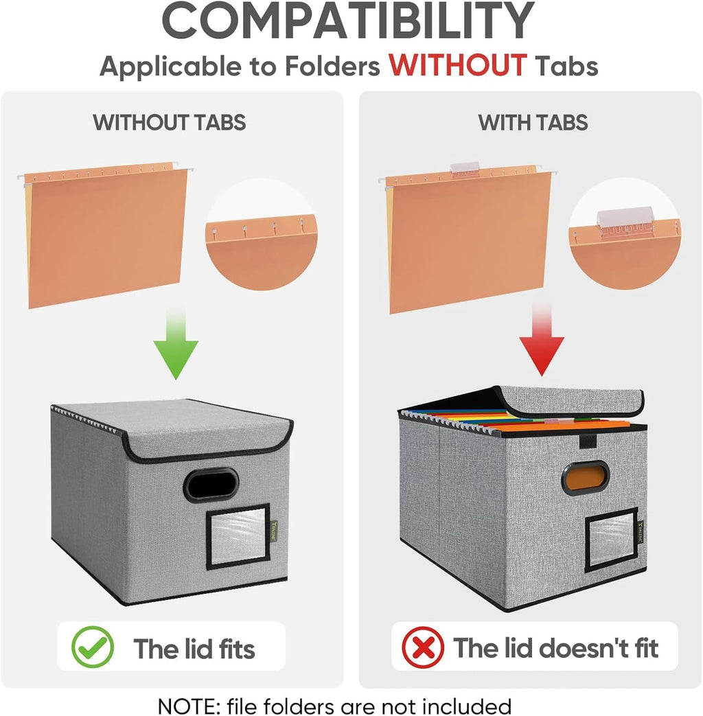BALEINE File Organizer Box with Lid, Collapsible File Folder Organizer with Plastic Slide, Hanging File Folder Box for Office Document Storage (2 Pack, Grey)