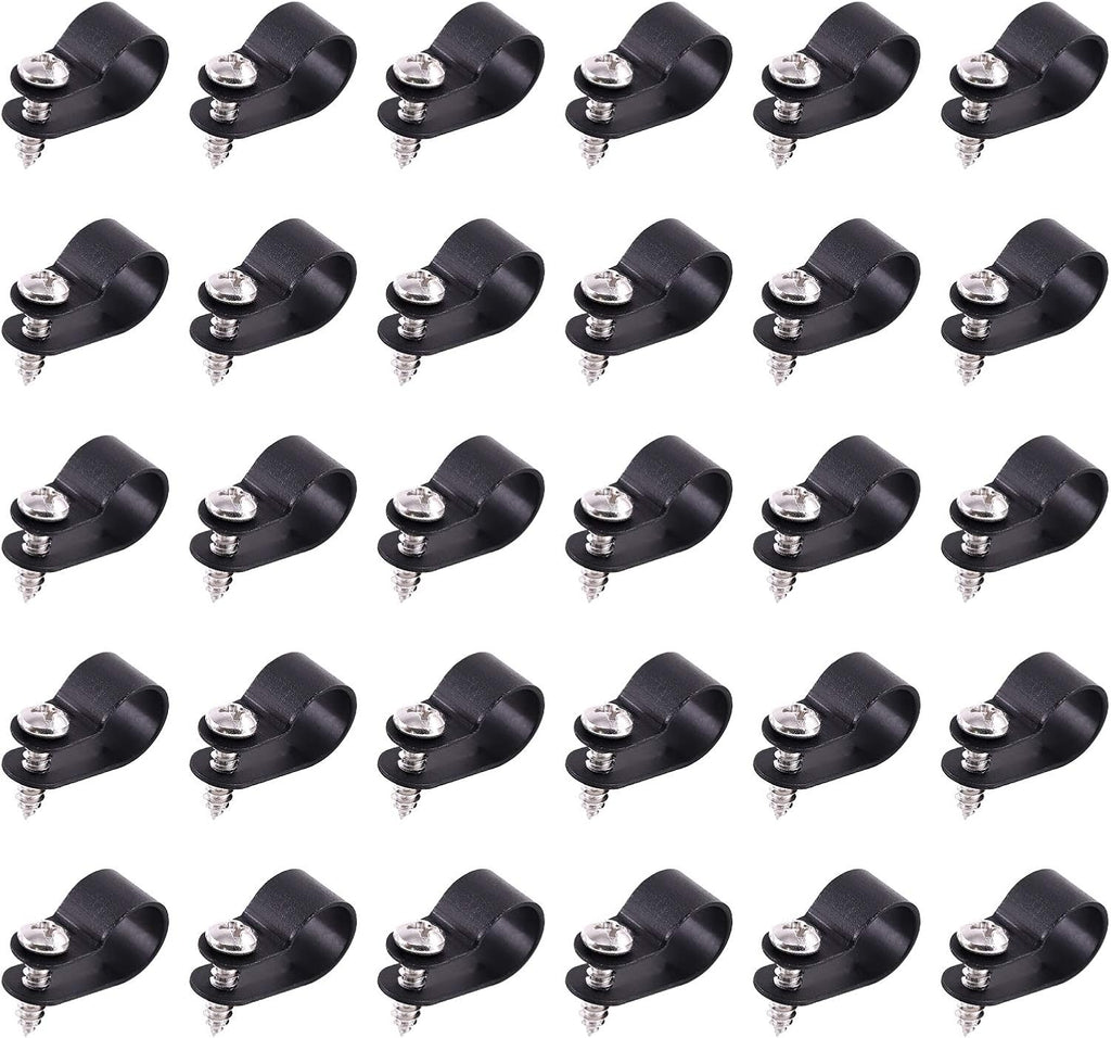 Swpeet 60 Pack Black 1/2 Inch Nylon Plastic R-Type Cable Clips Clamp Kit, Nylon Screw Mounting Cord Fastener Clips with 60 Pack Screws for Wire Management