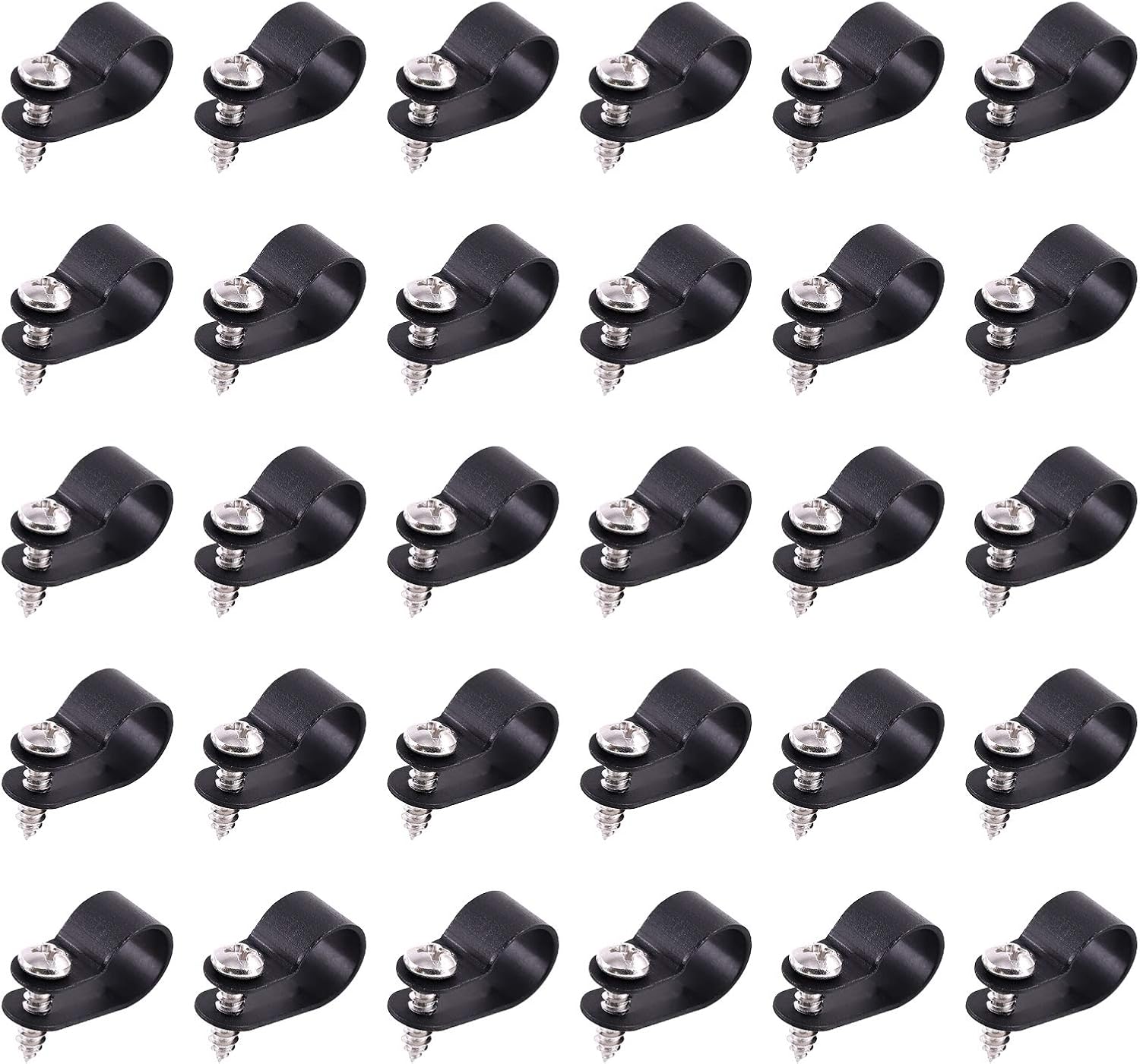 Swpeet 60 Pack Black 1/2 Inch Nylon Plastic R-Type Cable Clips Clamp Kit, Nylon Screw Mounting Cord Fastener Clips with 60 Pack Screws for Wire Management