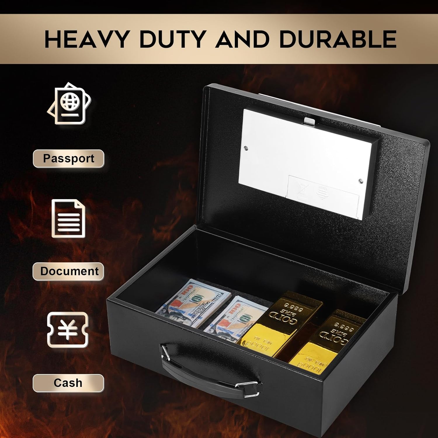 Dalmbox Portable Metal Safe Box with Digital Code Lock,Fire Resistant Storage for Documents, Fireproof Safe Box, Car, Home, Office and Outside, Black Box， Medium