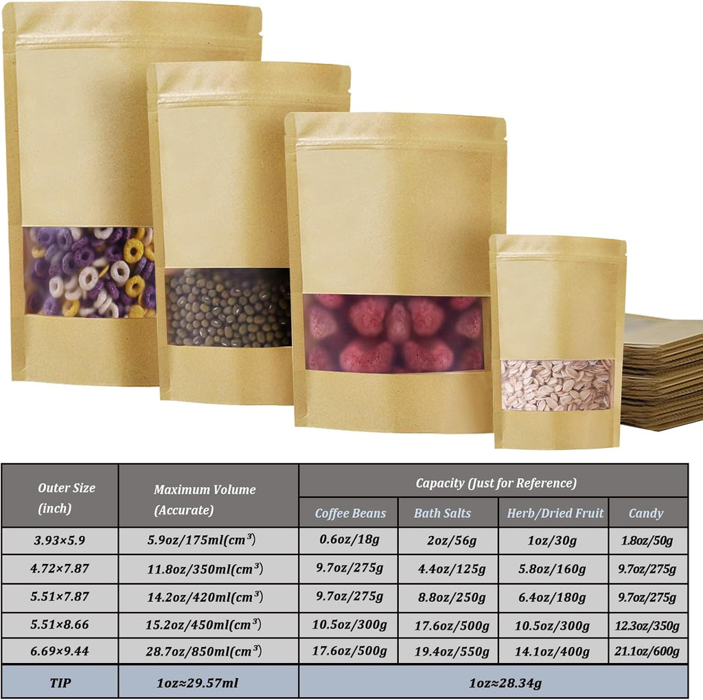 100 PCS Resealable Bags, Stand Up Kraft Paper Bags with Matte Window, Zipper Lock Food Storage Bags for Small Business and Home, 5.51 * 8.66 Inch Reusable Sealable Bags for Packaging