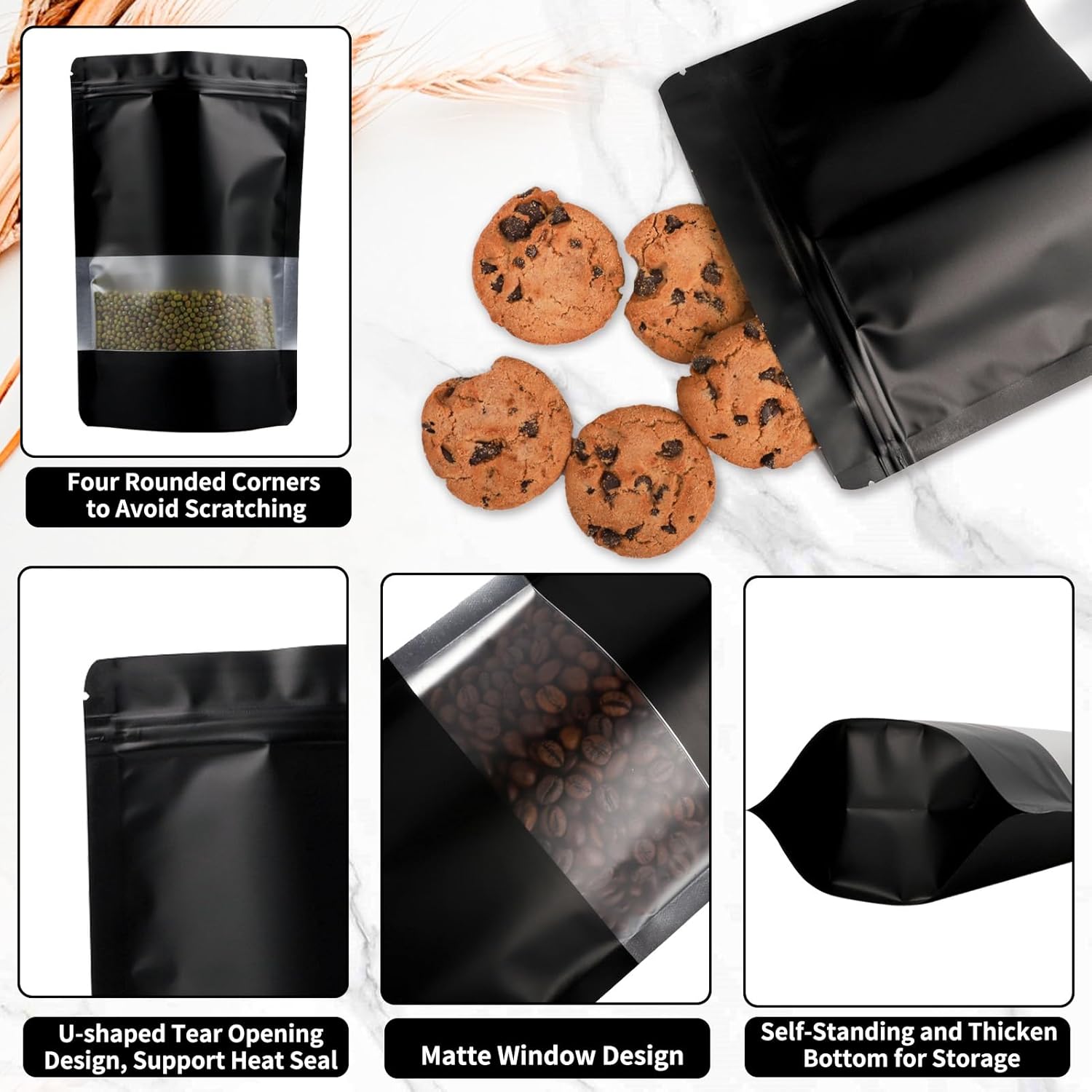 100 Pack Smell Proof Bags, Resealable Black Mylar Bags with Matte Window, Foil Pouch Stand Up Sealable Bags for Packaging, 6.29 × 9.44 Inch