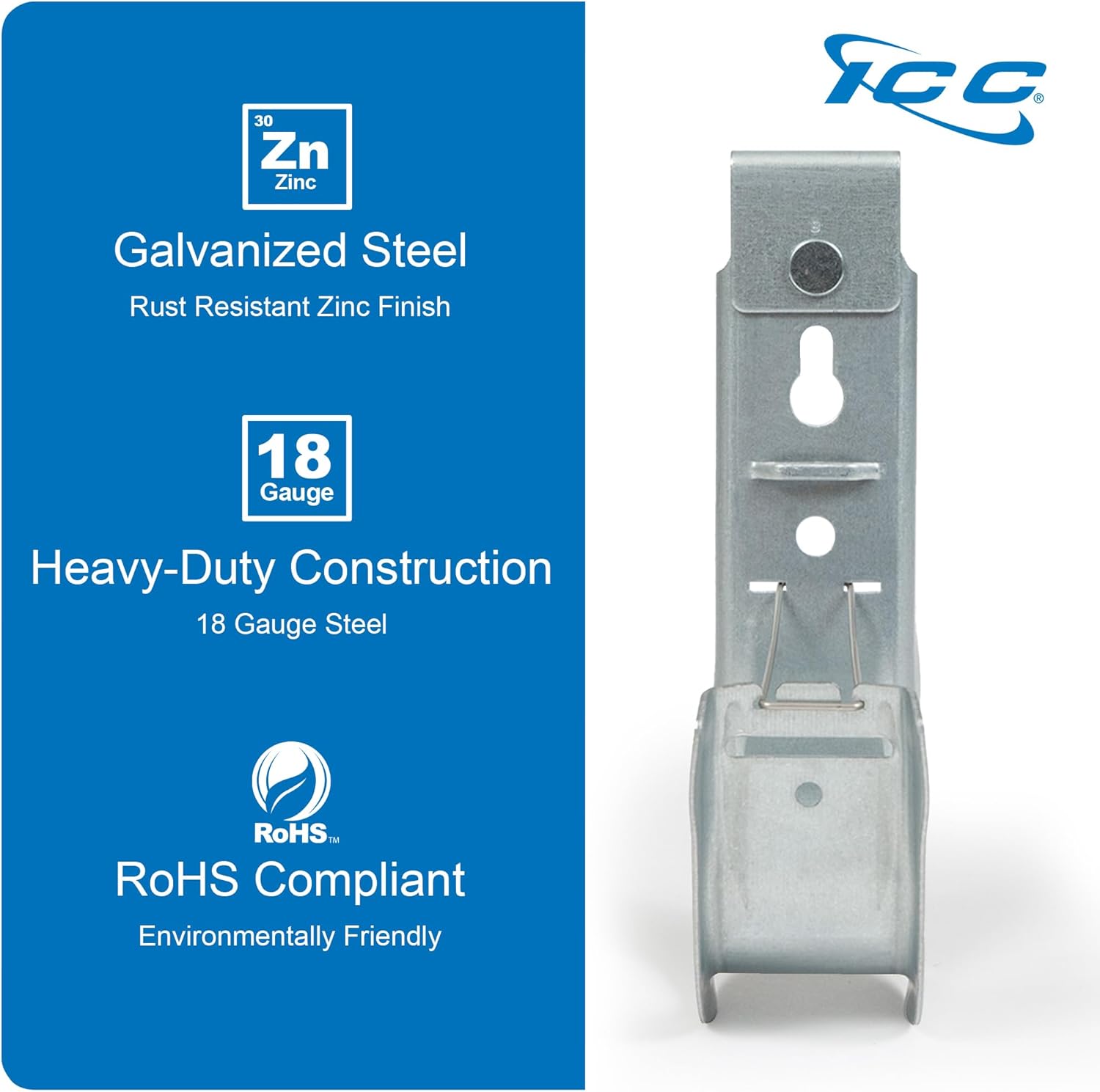 ICC Ceiling Mount J Hook 2” with Retainer Clip - Galvanized Steel Cable Management Hooks for Hanging Cable - Rust-Resistant, EIA and TIA Compliant - 2 Inch 25-Pack