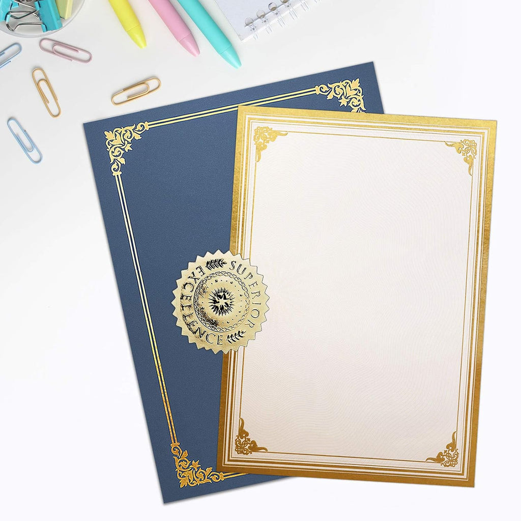 SUNEE 75pcs Certificate Kit, 25pcs Navy Blue Certificate Holders & 25pcs Letter Size Certificate Papers & 25pcs Gold Foil Award Seals for Diploma, Award, Accomplishment
