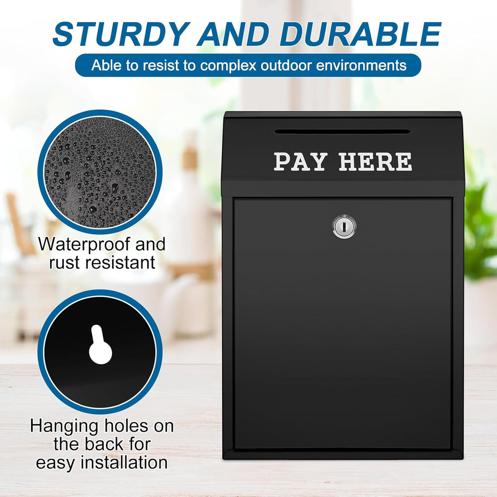 Safe Cash Box Money Collection Metal Donation Box with Lock Wall Mount Pre Drilled Mailbox Delivery Ballot for Home Office Outdoor Self Serve Stand(Black,11.8 x 8.6 x 4.7 Inch)