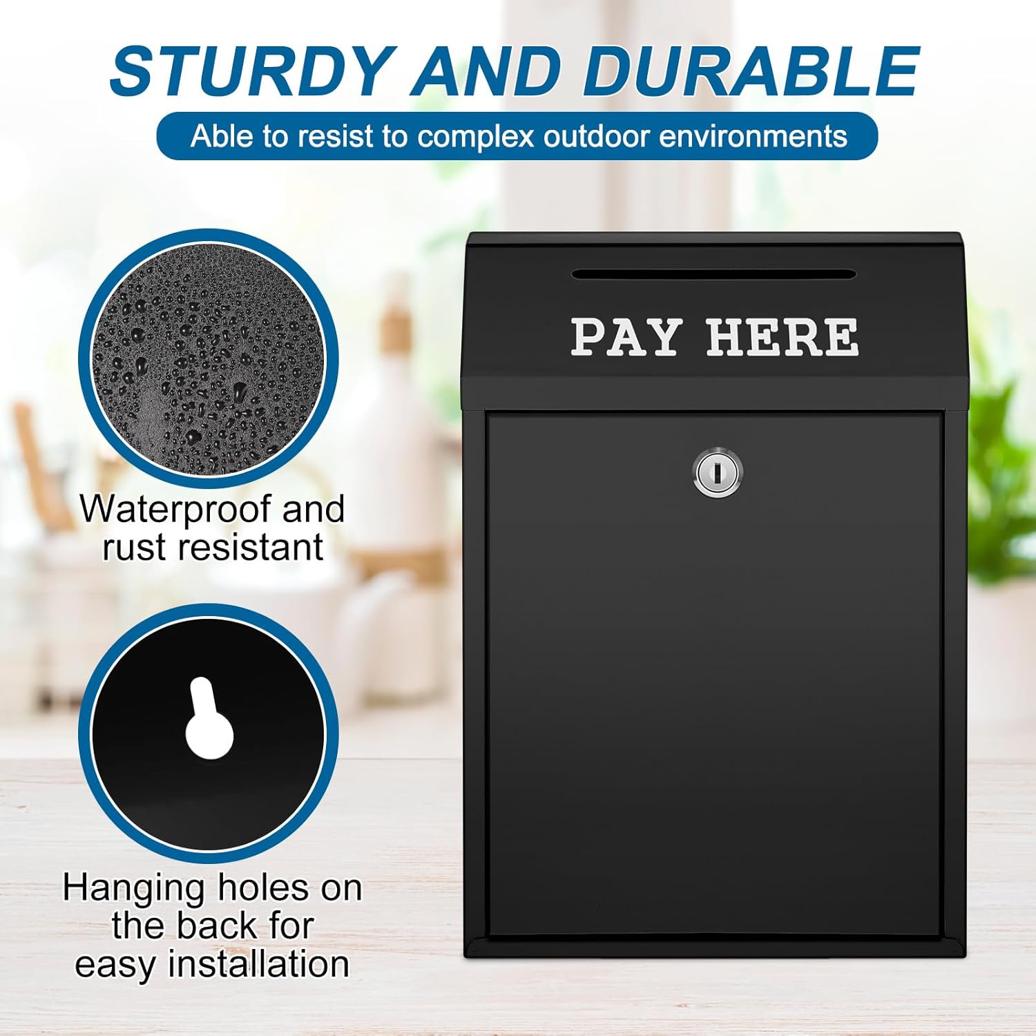 Safe Cash Box Money Collection Metal Donation Box with Lock Wall Mount Pre Drilled Mailbox Delivery Ballot for Home Office Outdoor Self Serve Stand(Black,11.8 x 8.6 x 4.7 Inch)