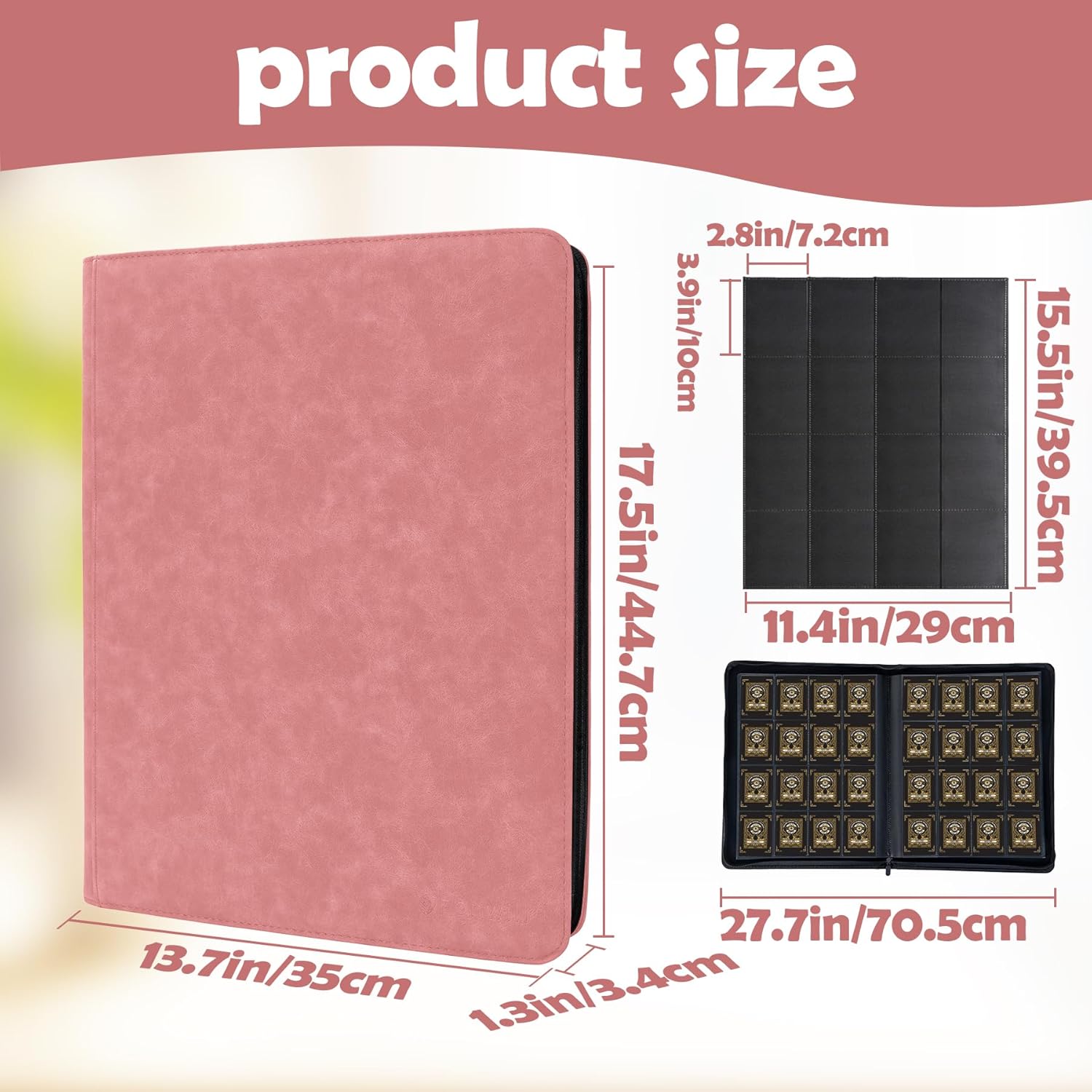 1000+ Pockets Trading Card Binder, 16 Pockets Trading Card Binder Ringless Side Loading Trading Card Album Folder for TCG,MTG,Sports Cards(Pink)