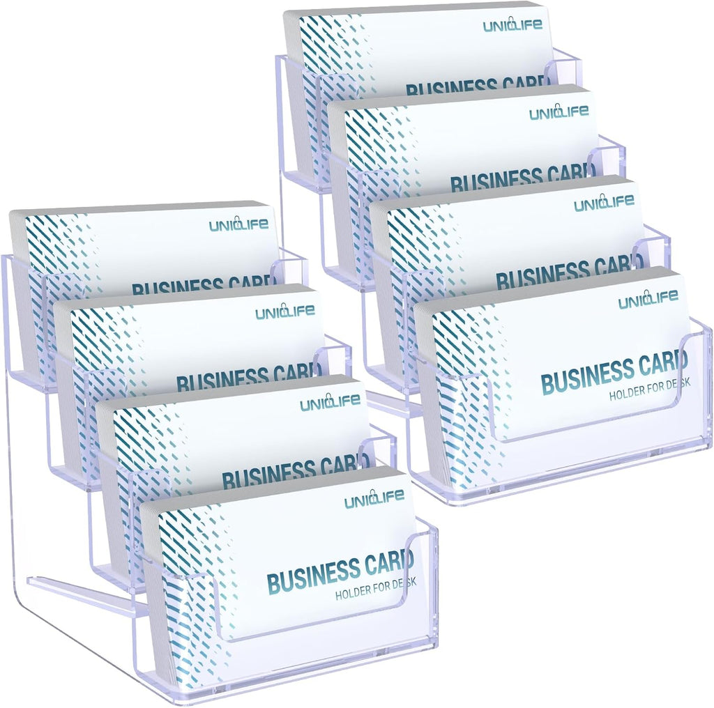 Uniclife 2 Pack Acrylic Business Card Holder for Desk 4 Slots Clear Business Card Display Stand for Men & Women Desktop Business Card Organizer Card Stand for Office Home Exhibition, 240 Card Capacity
