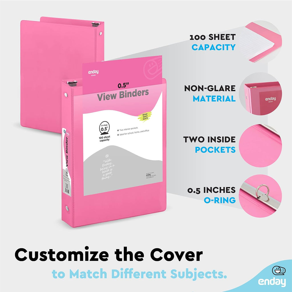 ½ Inch 3 Ring Binder Pink, .5 Inch Round Ring Clear View Cover with 2 Inside Pockets Binders, Colored School Supplies Binders, Also Available in Purple, Red, Green, Blue, and Grey (6 PC) – by Enday