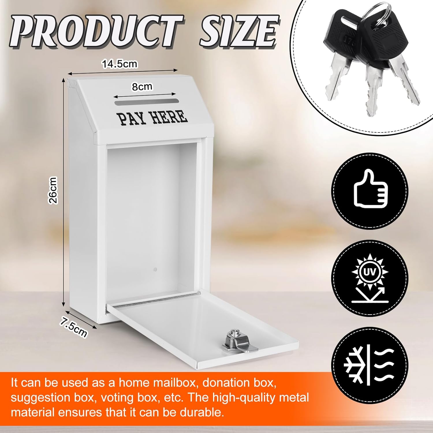 Metal Donation Box Collection Safe Suggestion Box with Lock Wall Mounted Mailbox Delivery Ballot Case Key Drop Case for Home Office Outdoor Door (White, 10.24 x 5.71 x 2.95 Inch)