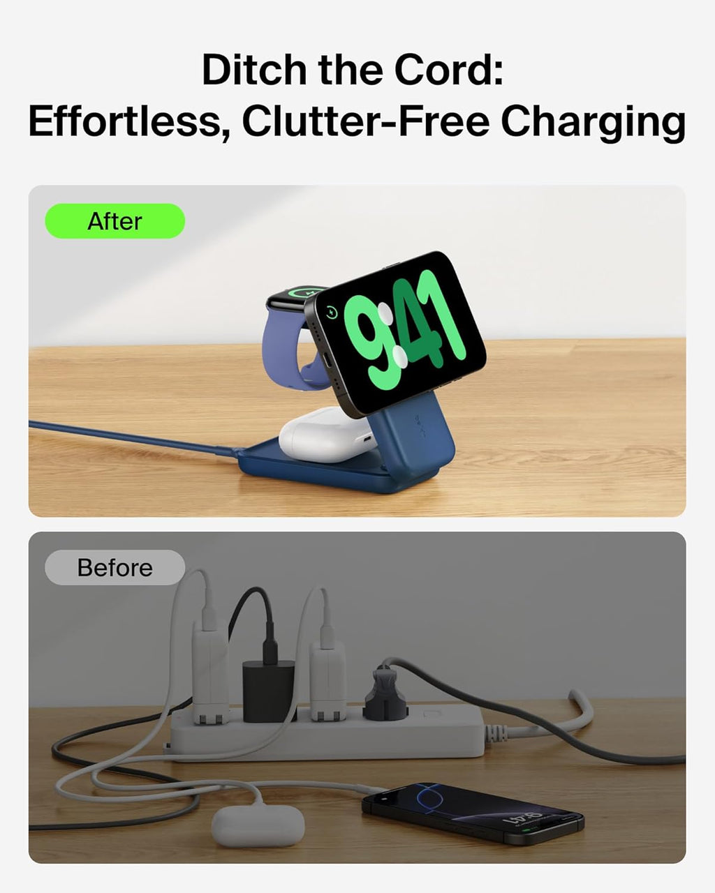 Belkin MagSafe Charger Compatible, 3-in-1 Charging Station, Qi2.2 25W Magnetic Wireless Charger Dock, Foldable Charging Stand for iPhone 17/16/15, Apple Watch, AirPods, Pixel 10 (45W Adapter Included)