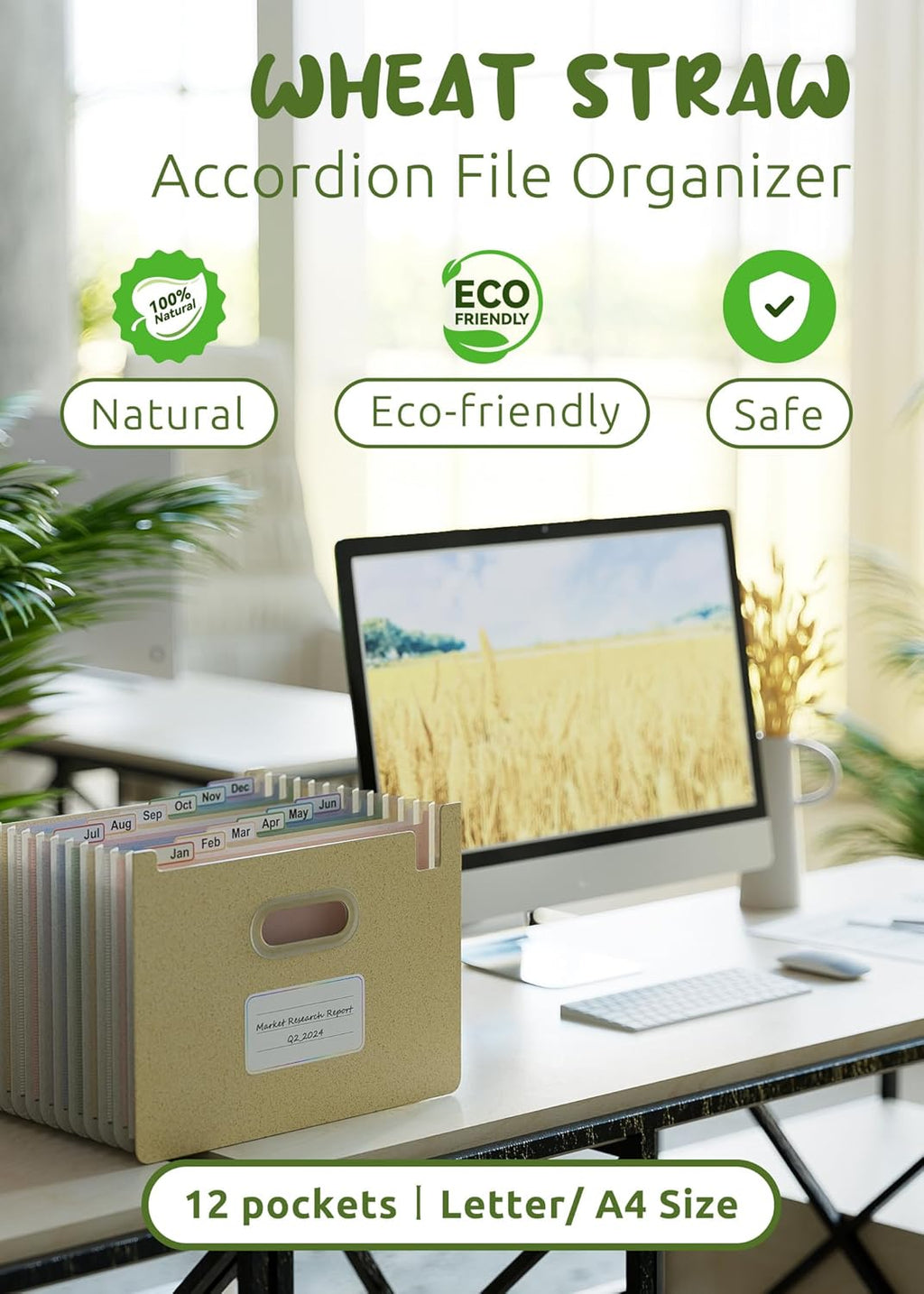 Accordion File Organizer, 12 Pockets Wheat Straw Expanding File Folders, Upright&Open Top, Monthly Bill Receipt Organizer, 100% BPA Free, Return to Nature, Healthy Living, Letter/A4 Size-Wheat Yellow