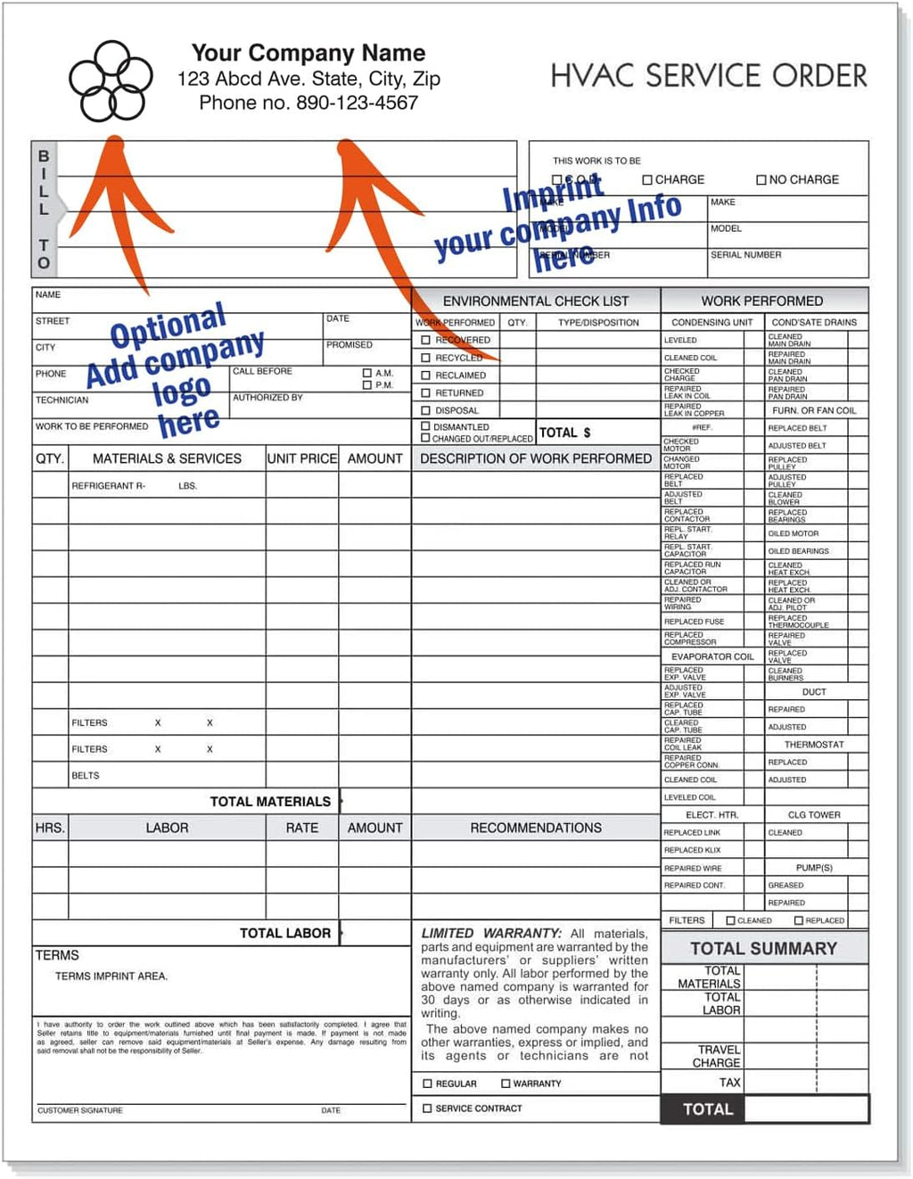 HVAC Service Order Invoice & Repair Detail Form, 3 Part Carbonless, Letter Size (Your Company Name Printed) 500 Sets