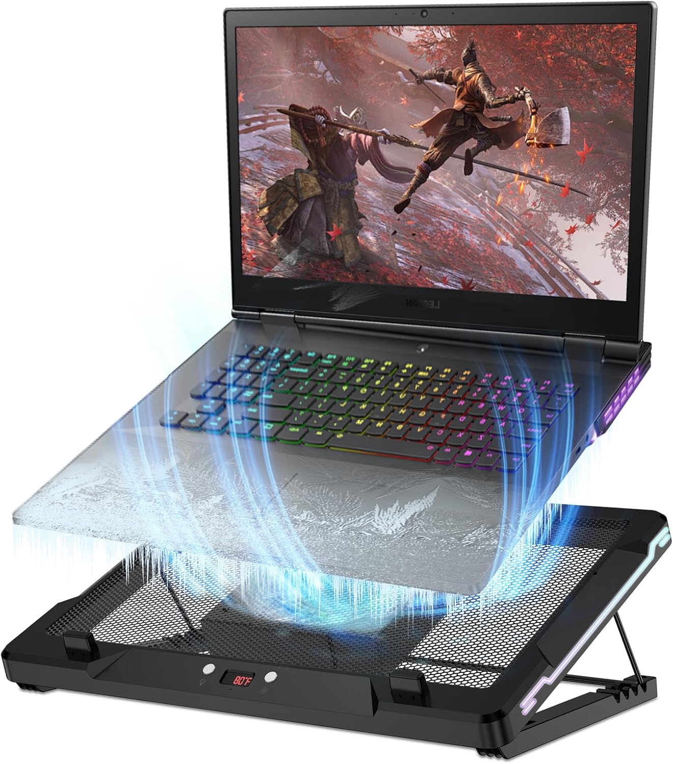 DEPGI Laptop Cooling Pad, Laptop Cooler Stand with 5.5" Movable Fan Easy to Clean, 10 RGB Light Modes, Auto Temp Sensor & 3-Speed Manual Control, Ultra Quiet ≤40dB for 14–17.3 Inch Laptops