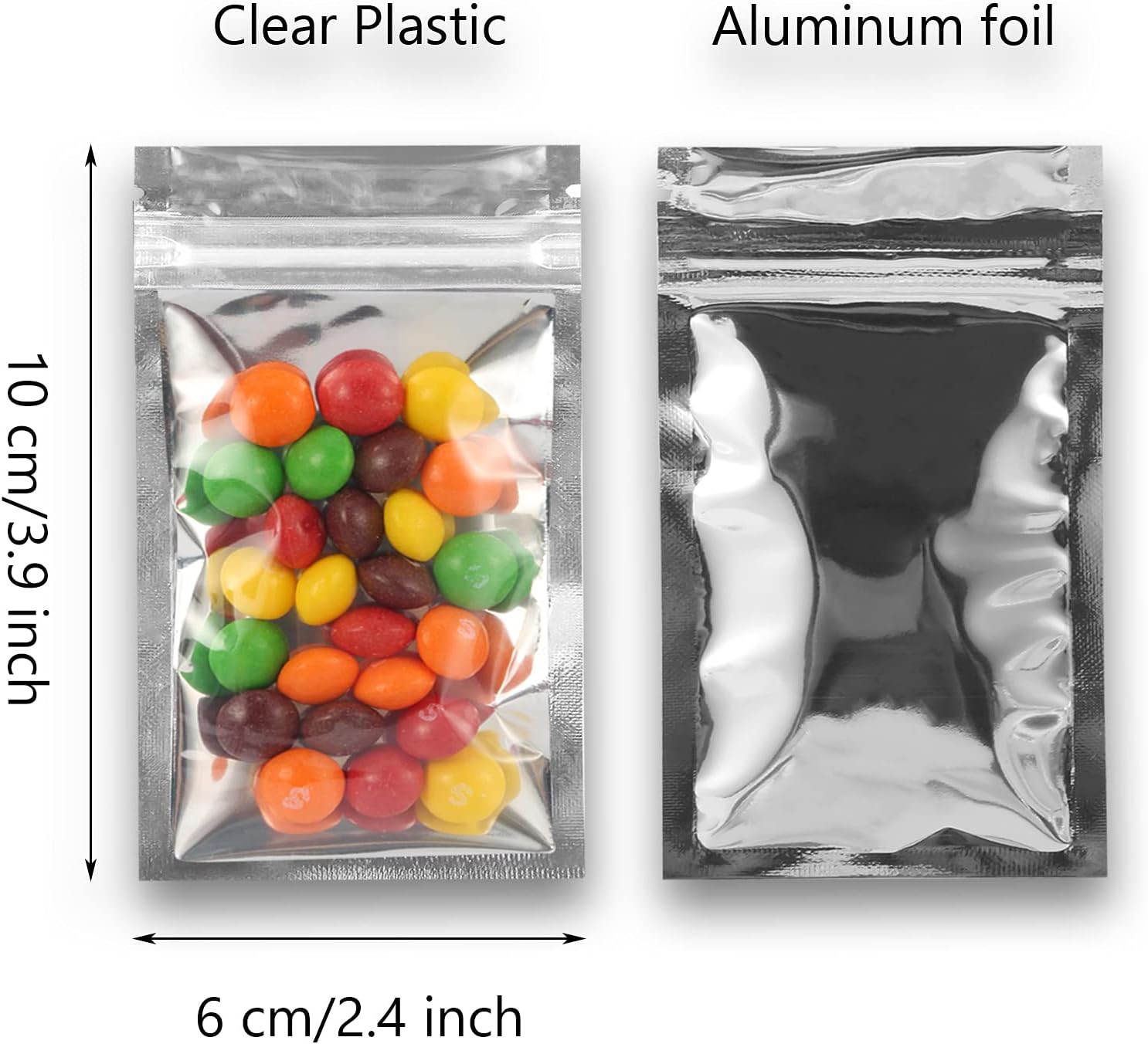 Resealable Mylar Bags | 100 Pcs 2.4 × 3.9 Inch | Smell Proof Bag Heat Seal Cute Packaging Foil Food Sealable Small Front Clear Plastic Silver for Storage Candy Beef Jerky Jewerly Product