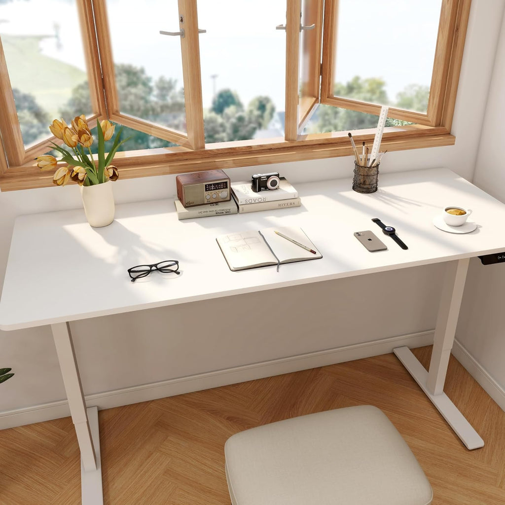 FLEXISPOT 71 x 32 Inch Dual Motor Standing Desk, Computer Desk with Memory Controller, Home Office Desk with Splice Board (White Frame + 71" White Desktop, 2 Packages)