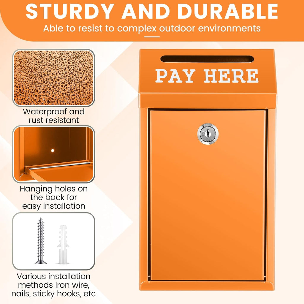 Safe Cash Box Money Collection Metal Donation Box with Lock Wall Mount Pre Drilled Mailbox Delivery Ballot for Home Office Outdoor Self Serve Stand(Orange,10.2 x 5.7 x 2.8 Inch)