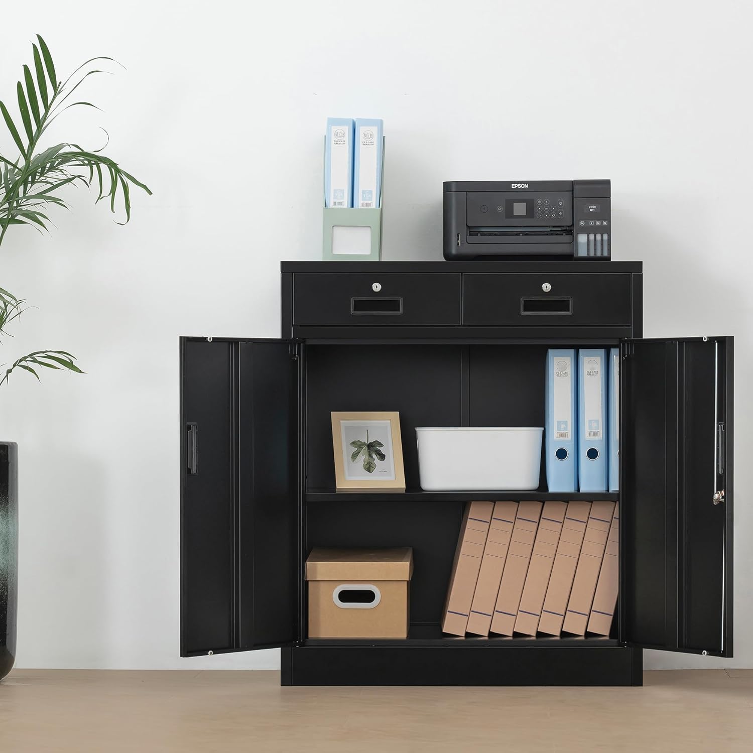 CMY Metal Storage Cabinet, Locking Storage Cabinet with Two Drawers, 36" H Steel Cabinets with Adjustable Shelf for Office, Garage, Home-Black
