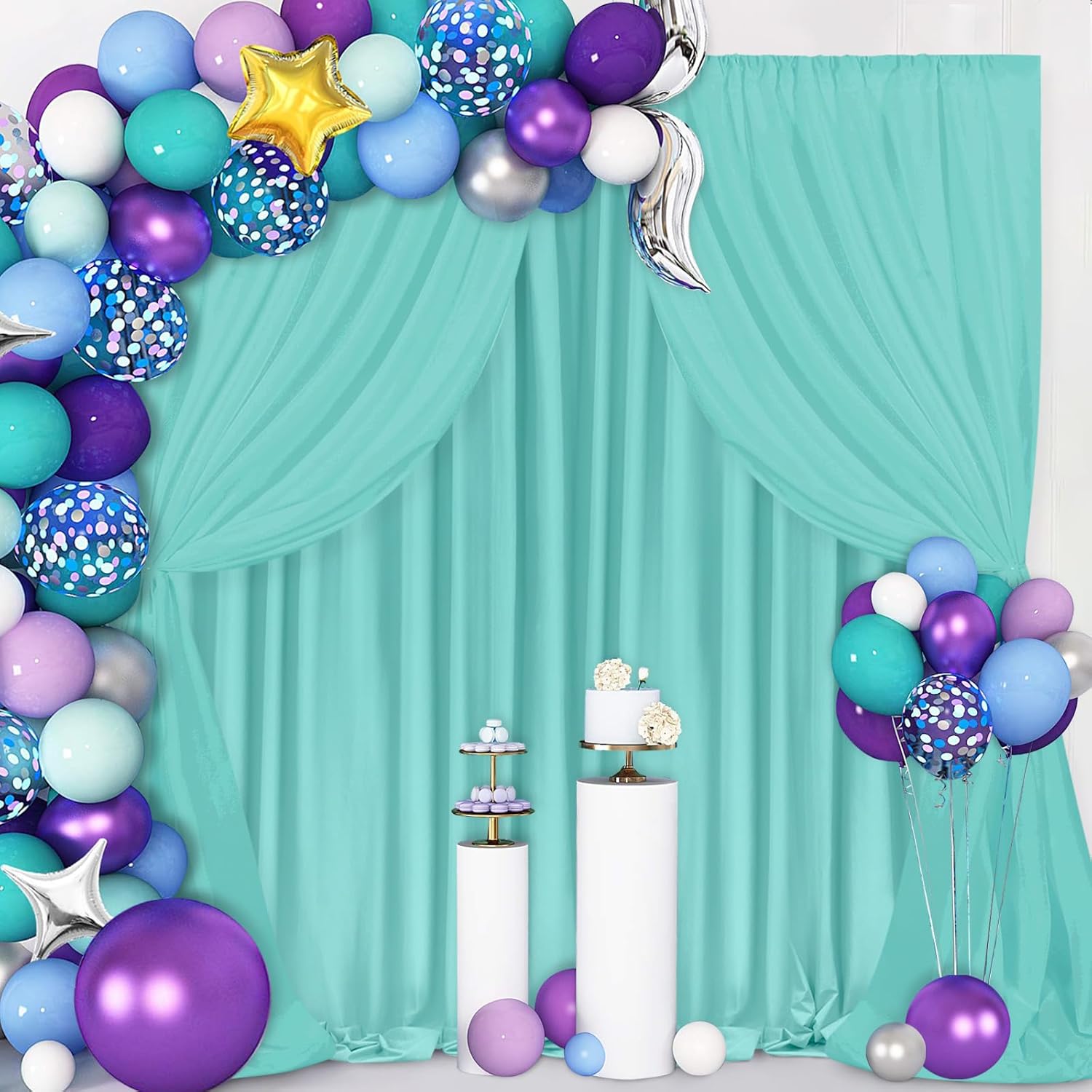 SoarDream Turquoise Backdrop Curtains Polyester 4 Panels 5ft x 10ft Photo Backdrop Drapes Mermaid Party Baby Shower Birthday Decorations