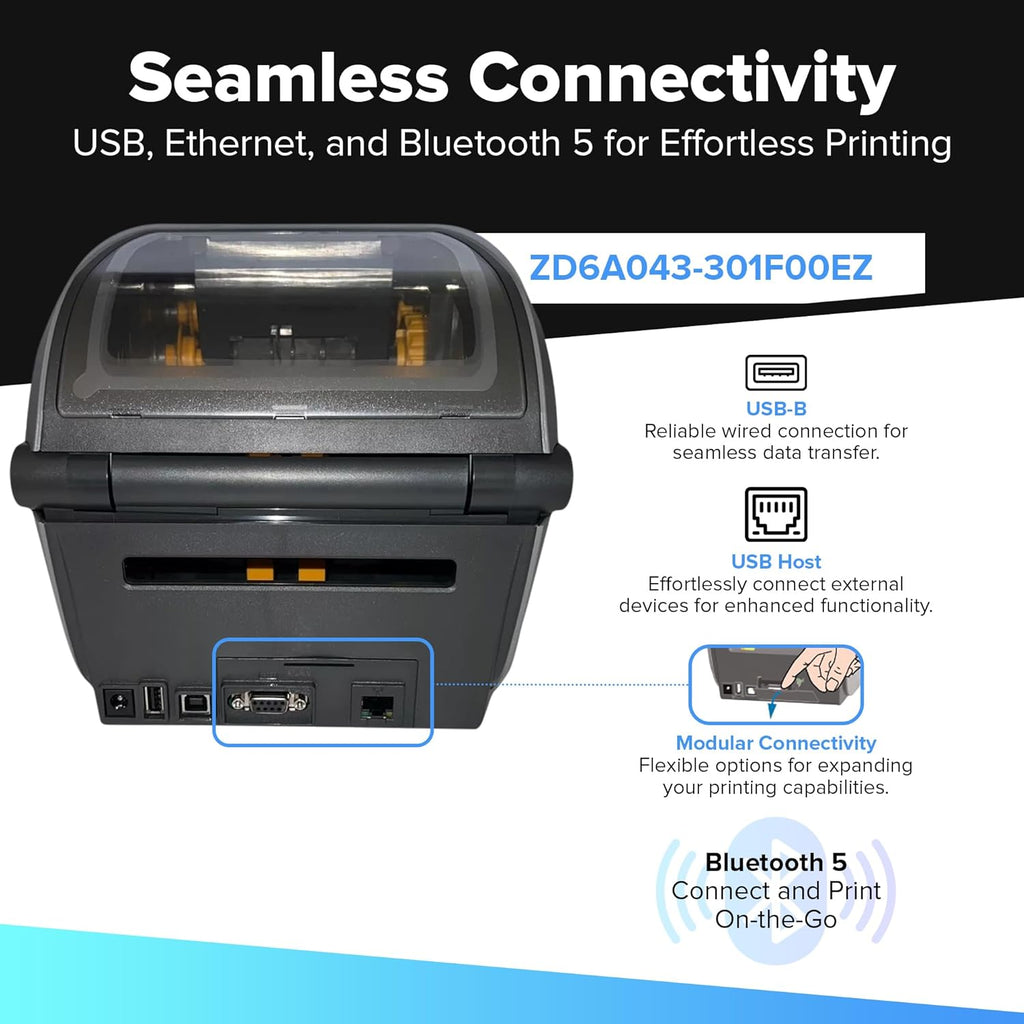 Zebra ZD621 | Thermal Transfer & Direct Thermal Printer ZD6A043-301F00EZ | 300 DPI | USB, USB Host, Ethernet, Serial, BTLE5 Connectivity | Includes Jetset Software