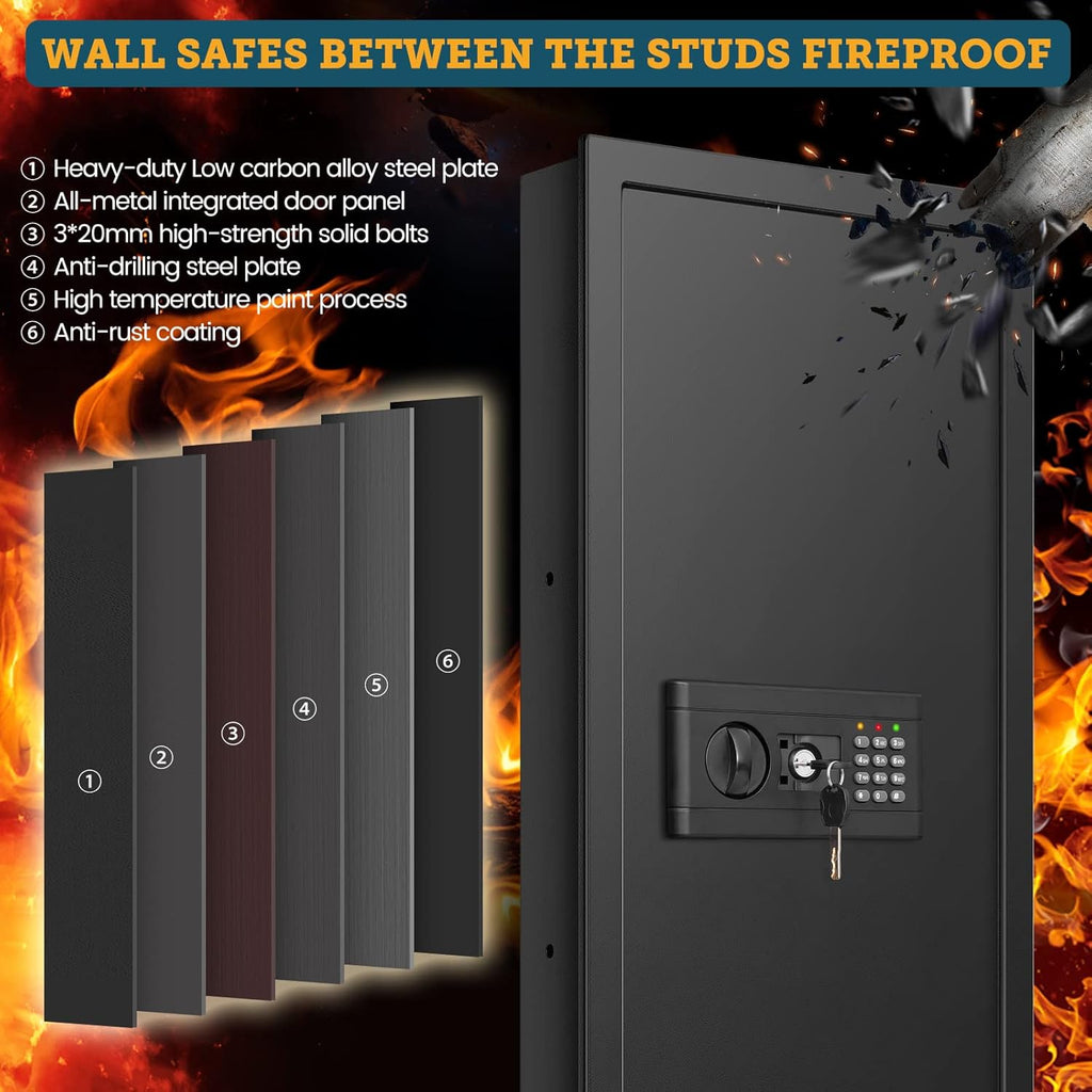 43.5" Tall Fireproof Wall Safe Between Stud, Heavy Duty Flush In Wall Safe With Digital Keypad & Removable Shelf, Hidden Gun Safe, Security Home Wall Safes For Storage Firearms Money Medicine