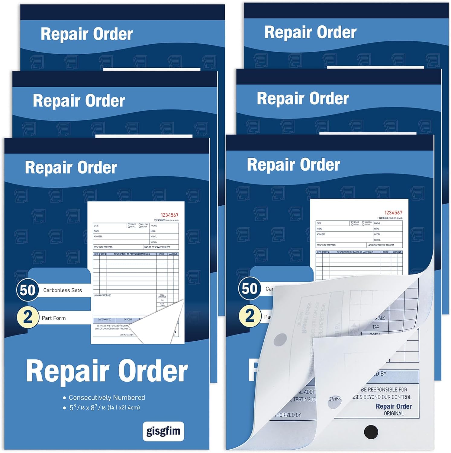 gisgfim 6 Pad Repair Order Book 2 Part Carbonless Receipt Books Consecutively Numbered with Claim Check Stub Invoice Receipts Book Work Order Form Receipt Book Orders for Small Business 50 Set per Pad