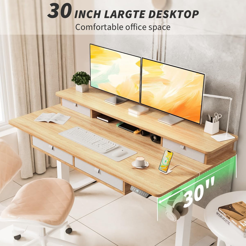 Standing Desk with Fast Charging USB Ports, 63" x 30" Height Adjustable Home Office & Gaming Desk, Sit Stand Desk with Built-in Storage Shelf, Hook & Ergonomic Design(Maple)
