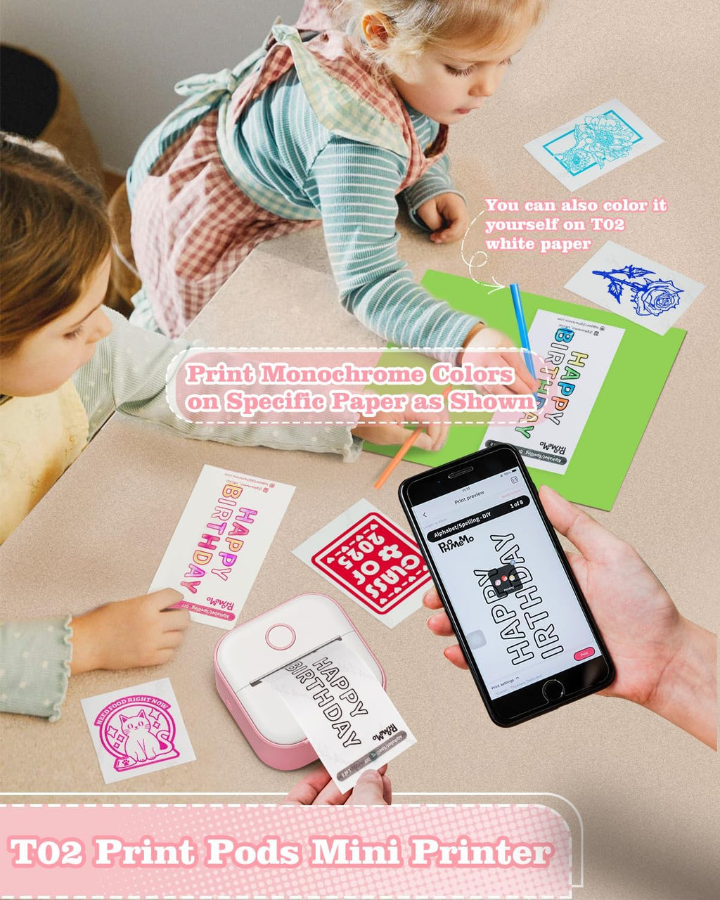 Memoking Mini Sticker Printer - T02 Mini Thermal Printer Wireless Inkless Label Maker Portable Sticker Maker for Student Birthday Gift, Compatible with iOS & Android, Pink