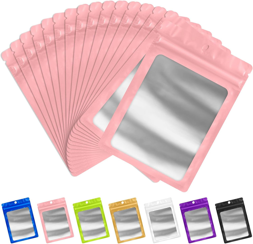 FUNFERY 100 Pack Mylar Resealable Bags Foil Packaging Bags with Clear Window,Zipper Pouch Smell Proof Bag for Food Storage,Cookies,Sample,Small Business(Pink,2.4x3.9inch)