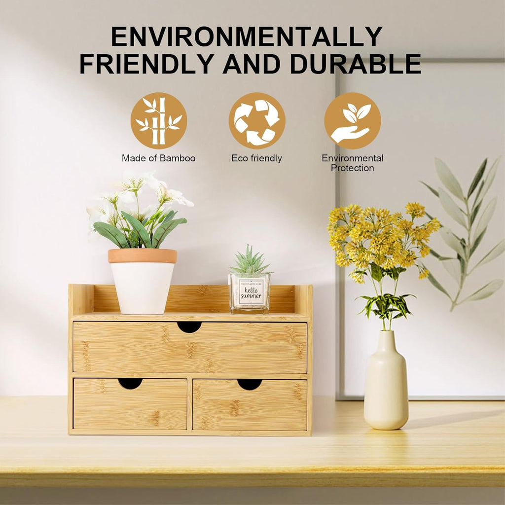 Bamboo Desk Organizer 3 Drawer with Shelf, Countertop Organizer with Drawers Makeup Storage Drawer 3 Drawers Tabletop Storage Organization Box Home Office Workspace