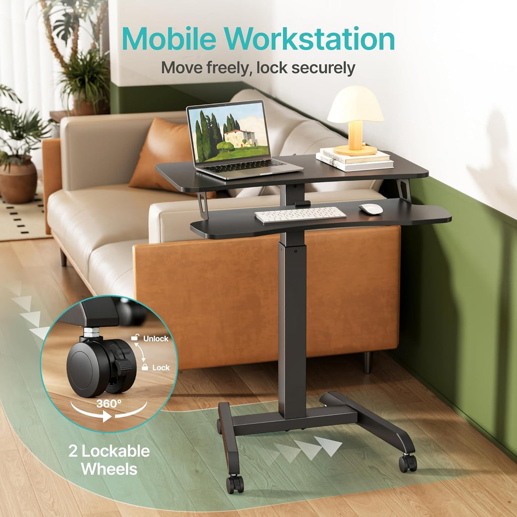 Standing Rolling Desk-Height Adjsutable up to 47.2' Rolling Podium for Teachers, 31.2'× 27.5' Dual Tier Sanding Desk for Classroom, Moveable Laptop Cart, Teacher Podium with Wheels, Black